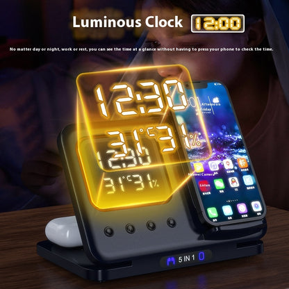 Base de Carga Inalámbrica 5 en 1 con Reloj LED y Alarma – Carga Rápida para Todos Tus Dispositivos