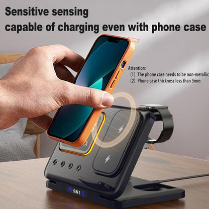 Base de Carga Inalámbrica 5 en 1 con Reloj LED y Alarma – Carga Rápida para Todos Tus Dispositivos