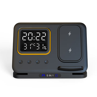 Base de Carga Inalámbrica 5 en 1 con Reloj LED y Alarma – Carga Rápida para Todos Tus Dispositivos