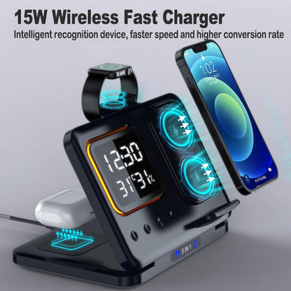 Base de Carga Inalámbrica 5 en 1 con Reloj LED y Alarma – Carga Rápida para Todos Tus Dispositivos