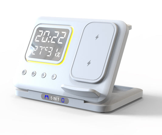 Base de Carga Inalámbrica 5 en 1 con Reloj LED y Alarma – Carga Rápida para Todos Tus Dispositivos